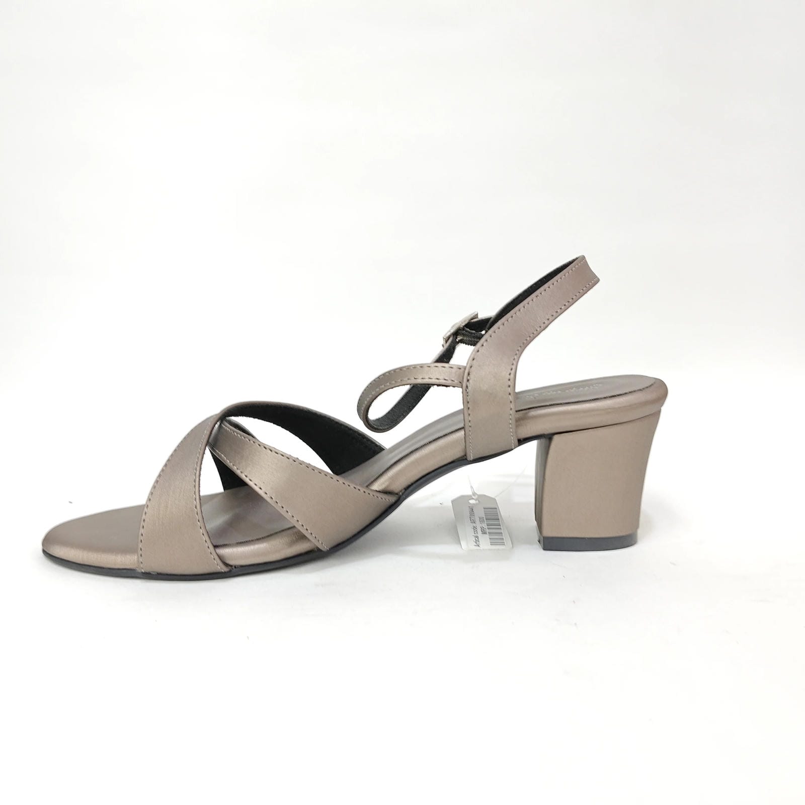 Block Heel with Cross Belt – Metallic Silver, Black & Cream