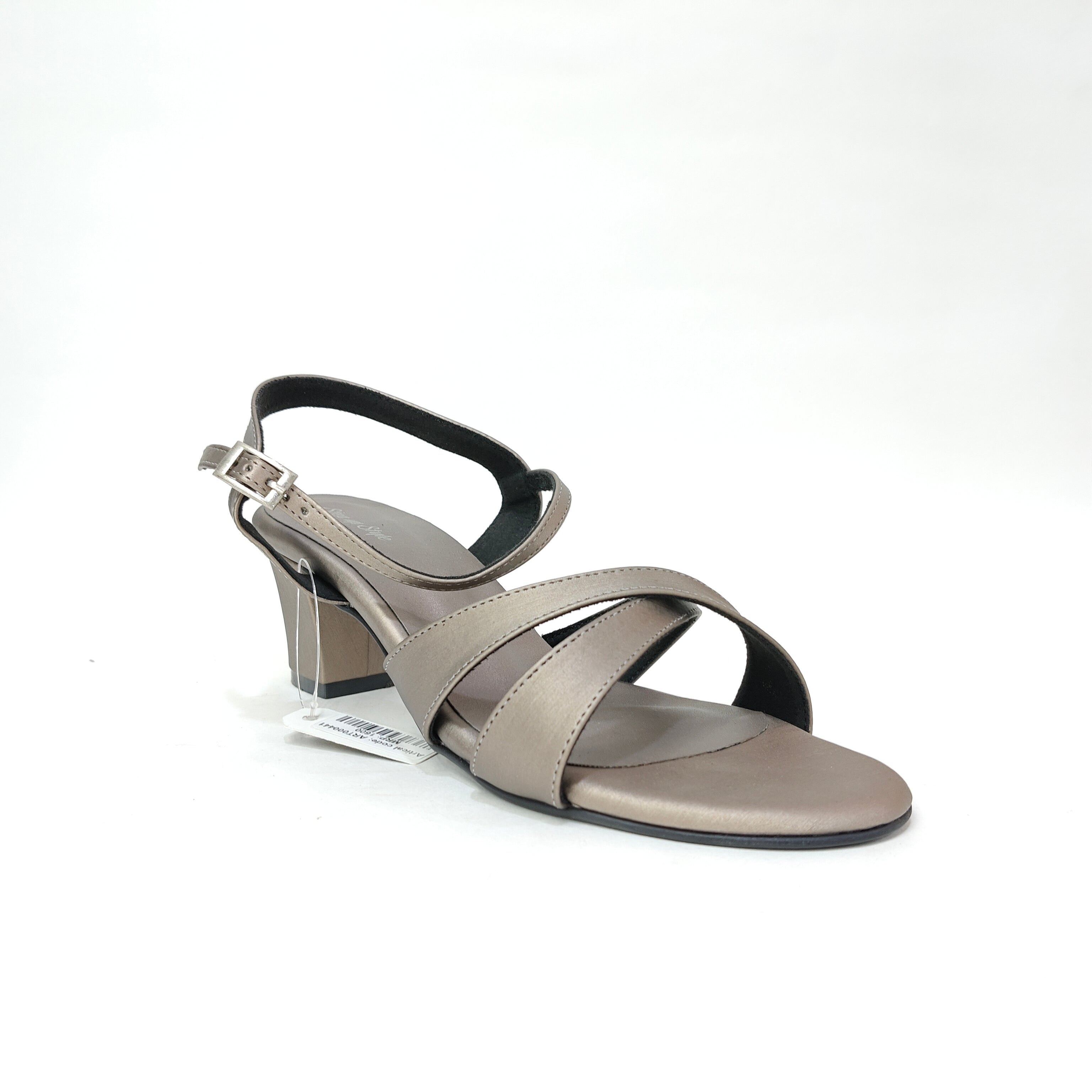 Block Heel with Cross Belt – Metallic Silver, Black & Cream