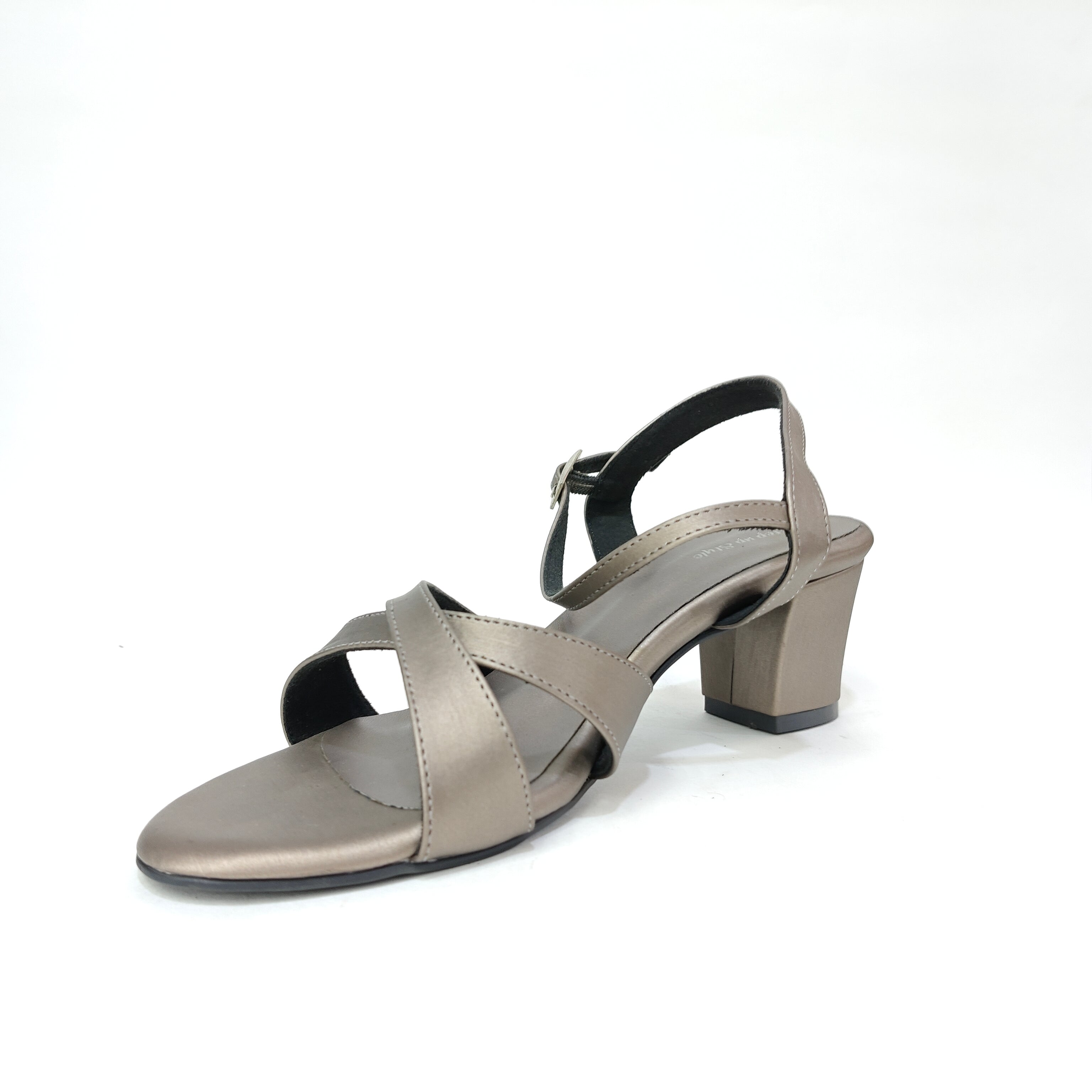 Block Heel with Cross Belt – Metallic Silver, Black & Cream