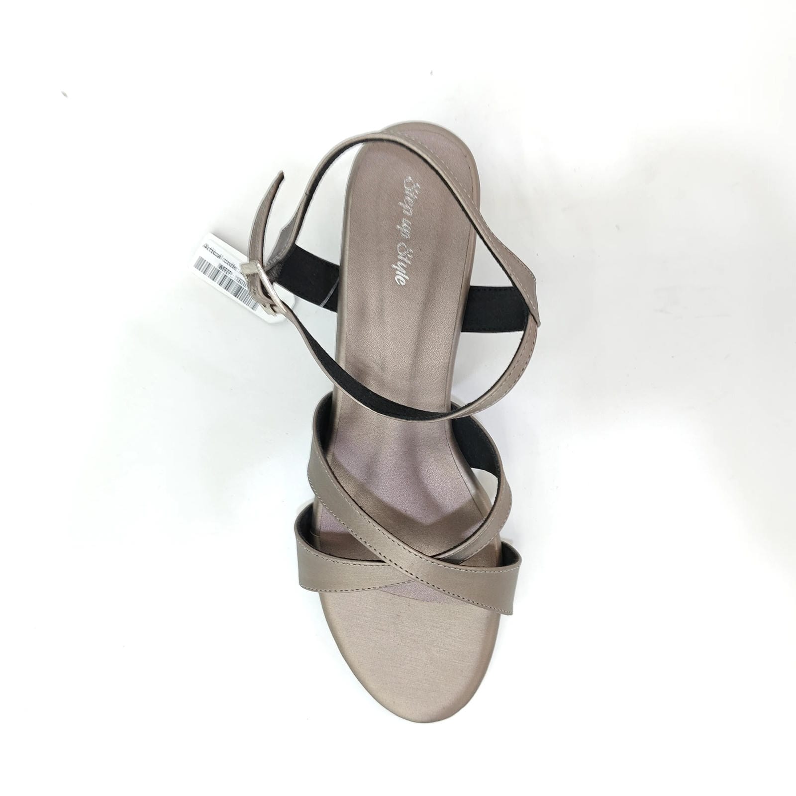 Block Heel with Cross Belt – Metallic Silver, Black & Cream