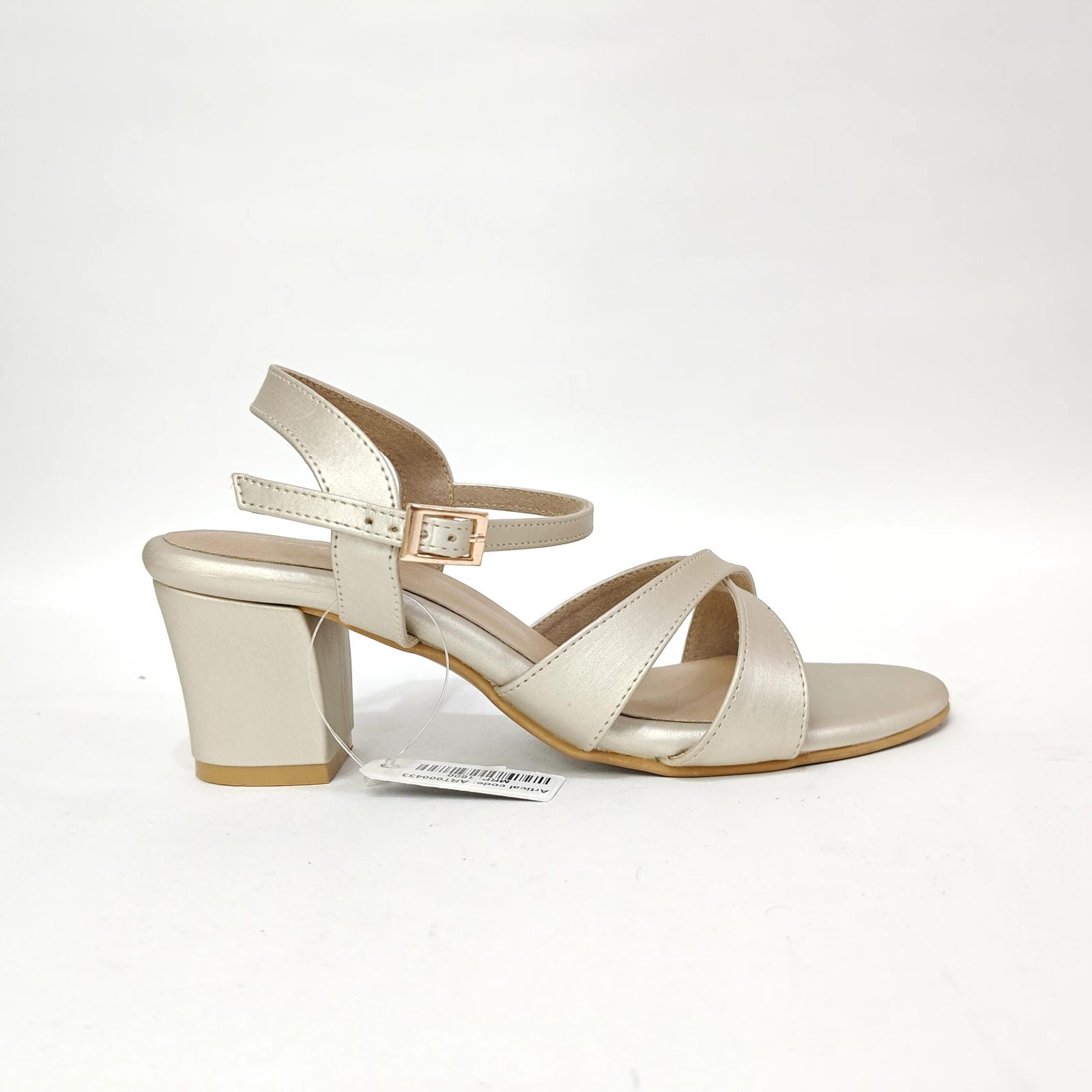 Block Heel with Cross Belt – Metallic Silver, Black & Cream