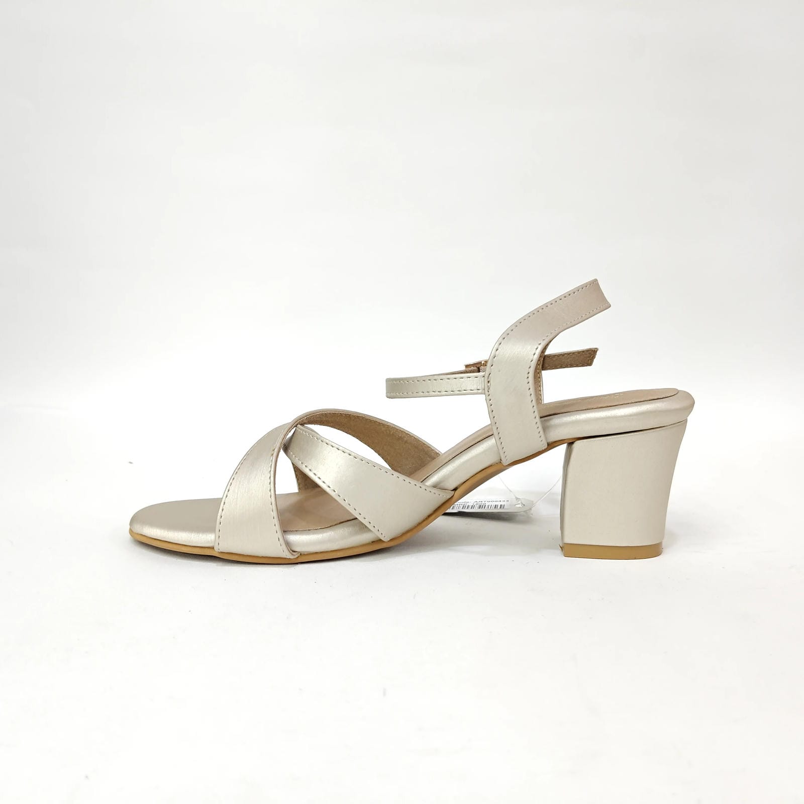 Block Heel with Cross Belt – Metallic Silver, Black & Cream