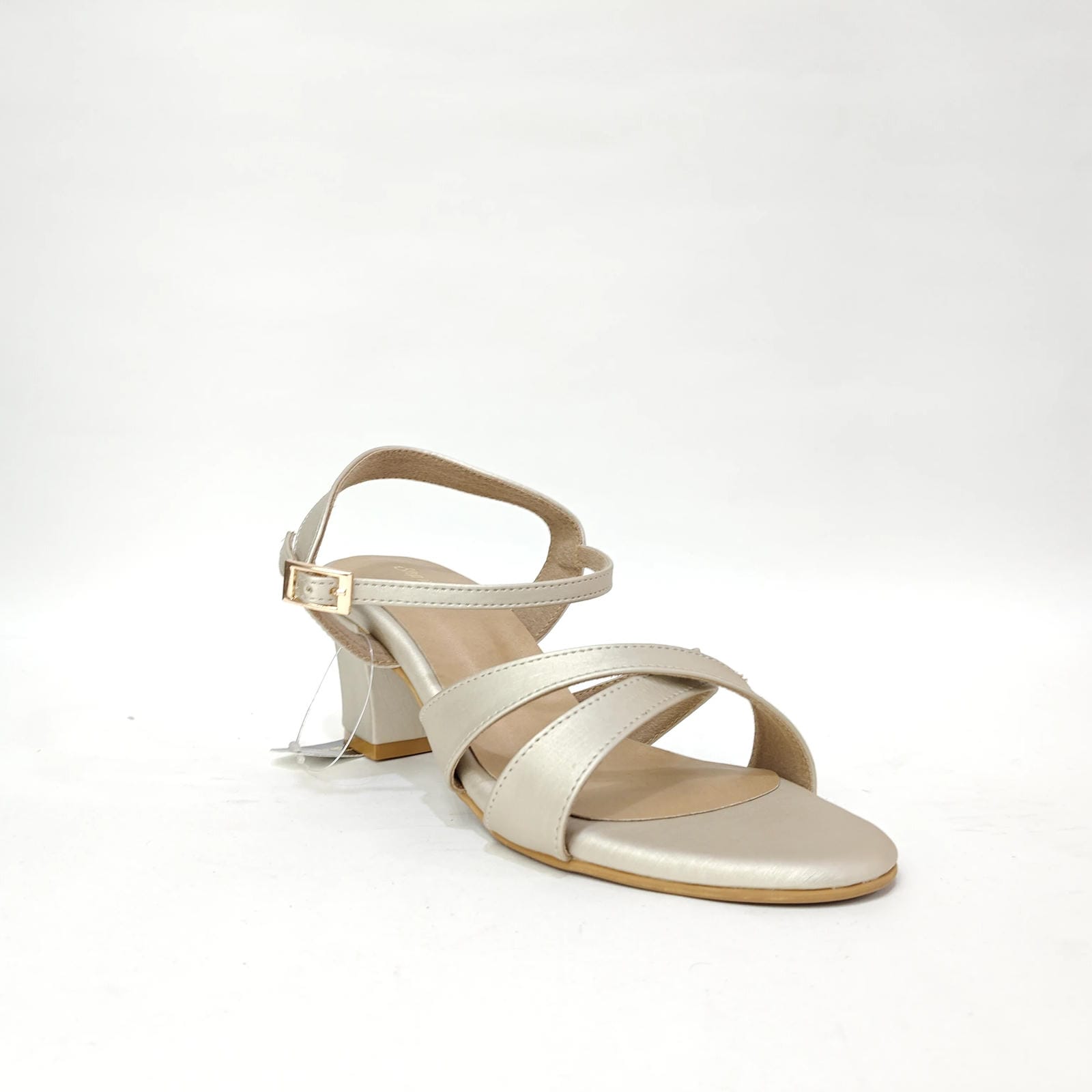 Block Heel with Cross Belt – Metallic Silver, Black & Cream