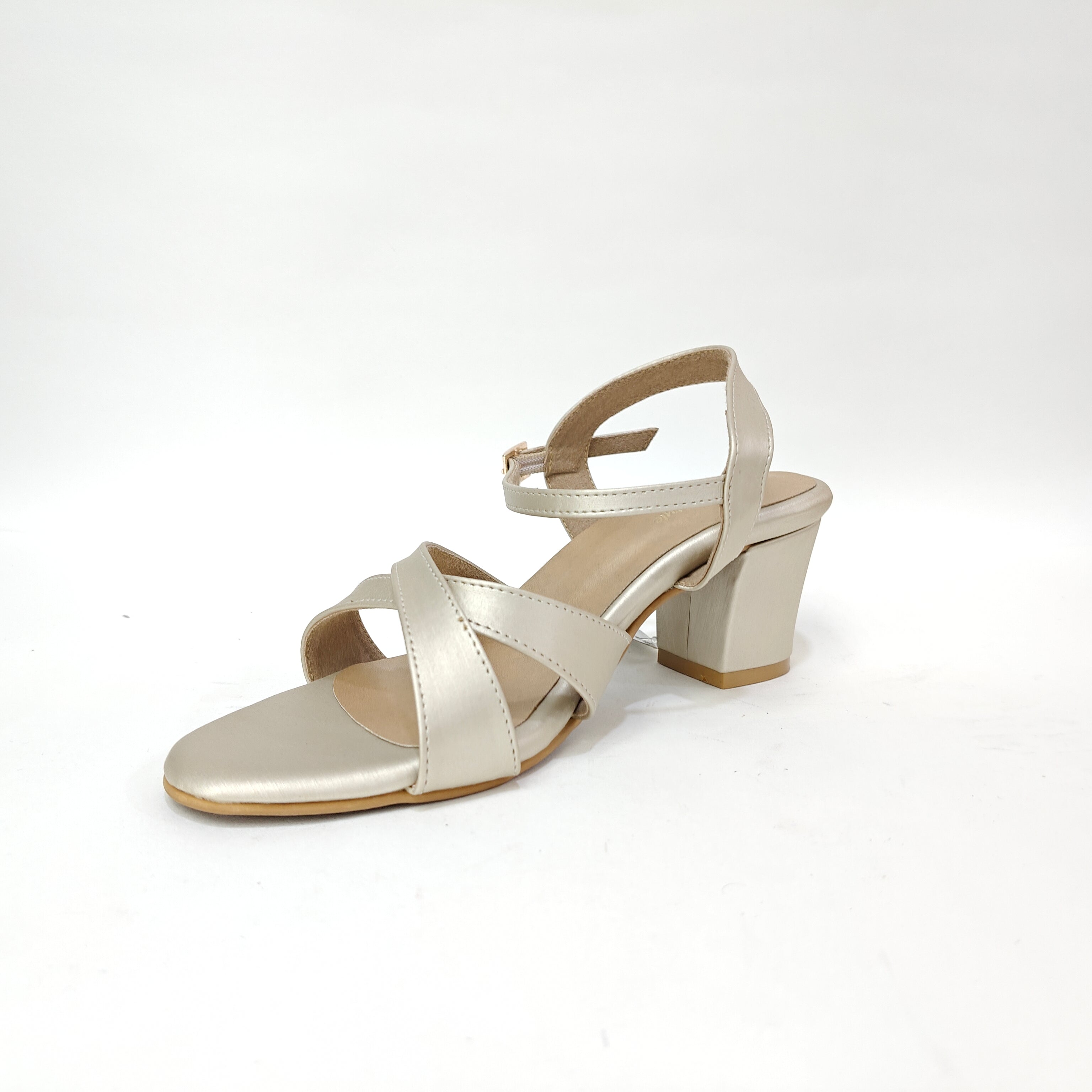 Block Heel with Cross Belt – Metallic Silver, Black & Cream