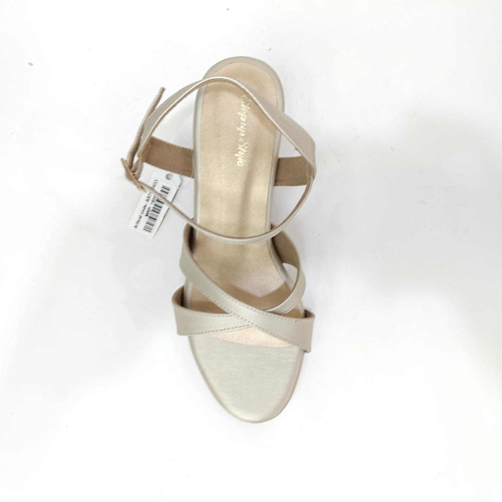 Block Heel with Cross Belt – Metallic Silver, Black & Cream