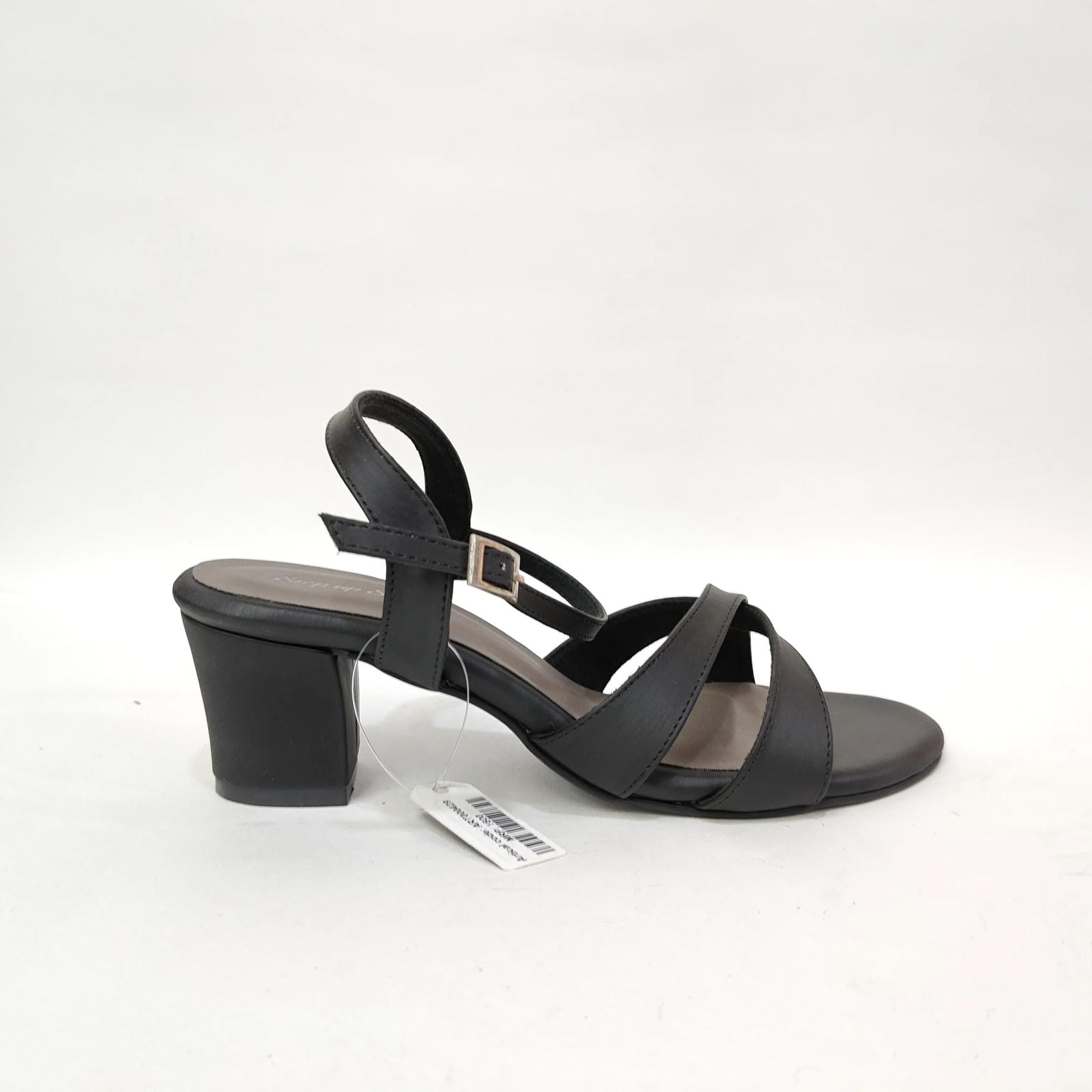 Block Heel with Cross Belt – Metallic Silver, Black & Cream