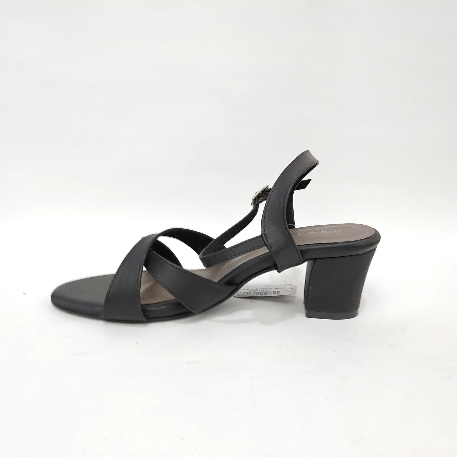 Block Heel with Cross Belt – Metallic Silver, Black & Cream