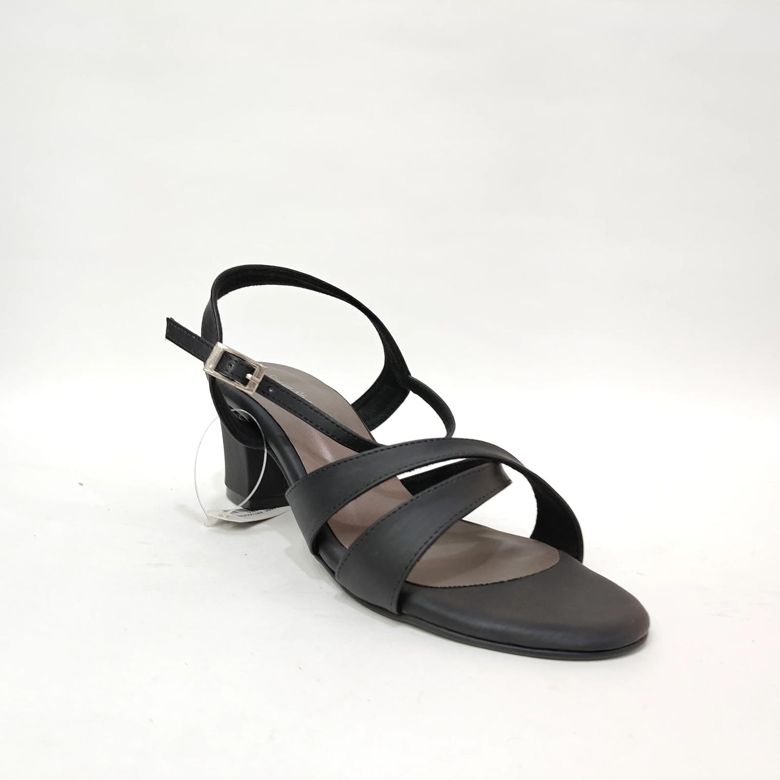 Block Heel with Cross Belt – Metallic Silver, Black & Cream