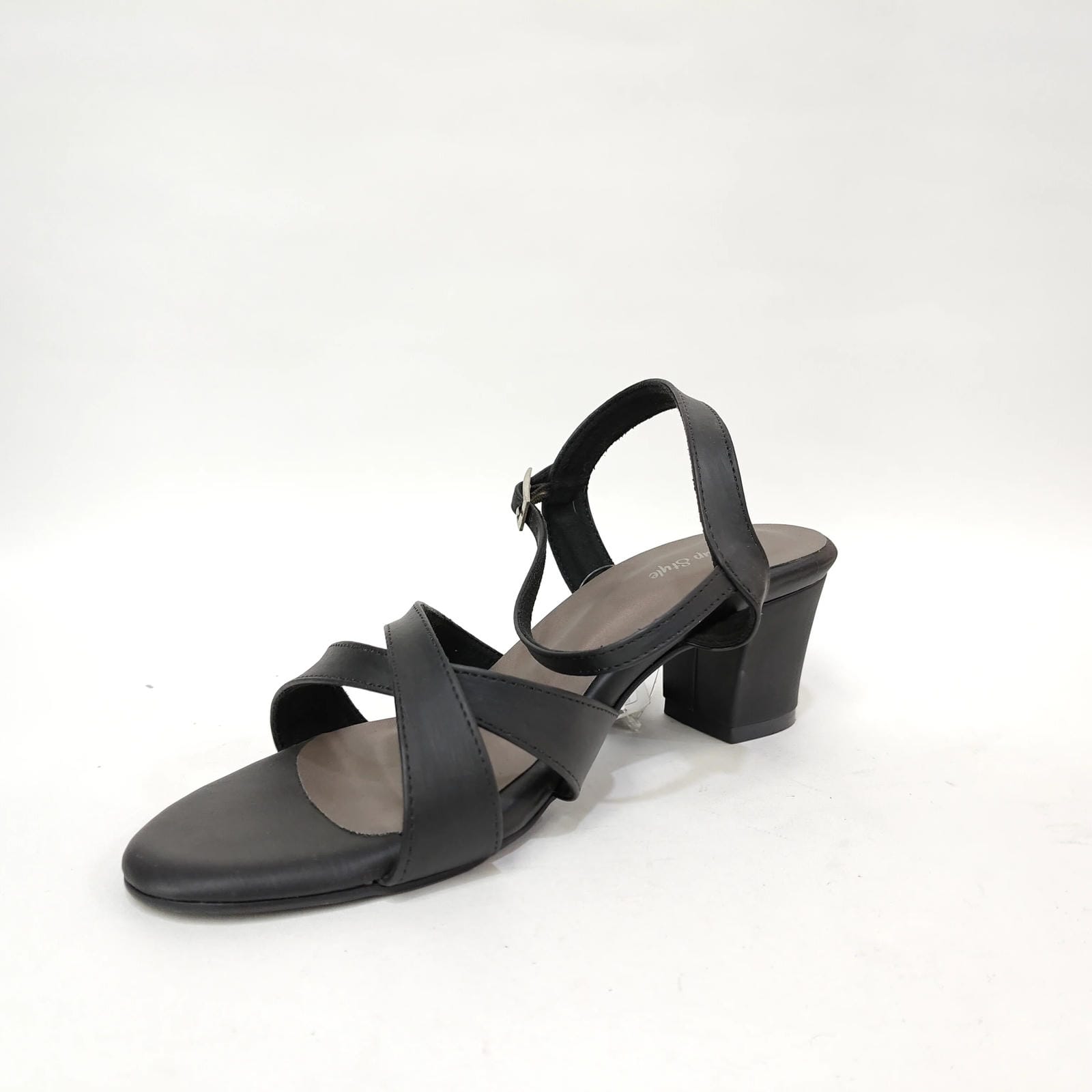 Block Heel with Cross Belt – Metallic Silver, Black & Cream