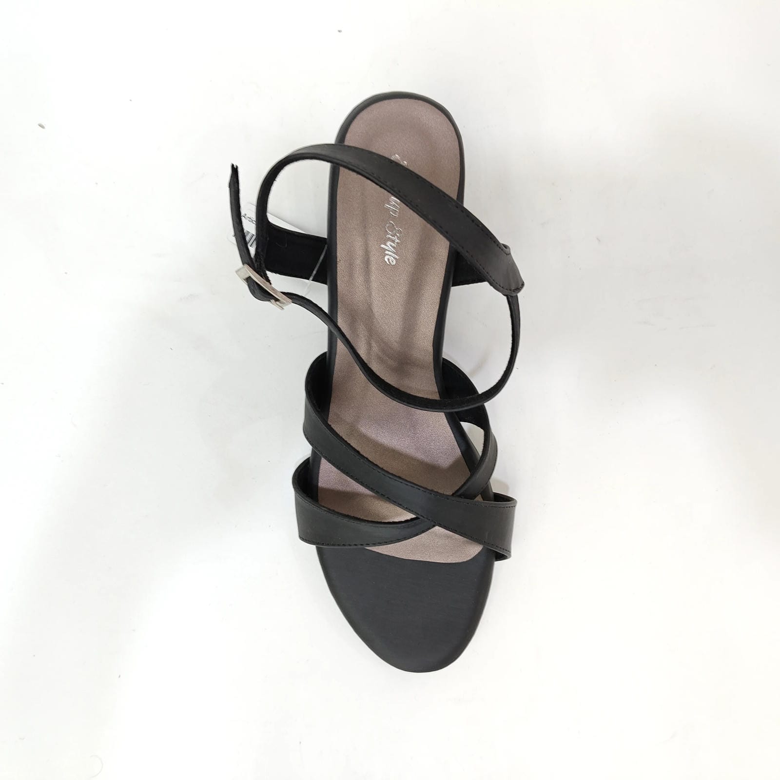 Block Heel with Cross Belt – Metallic Silver, Black & Cream