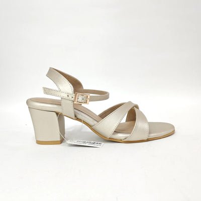 Block Heel with Cross Belt – Metallic Silver, Black & Cream
