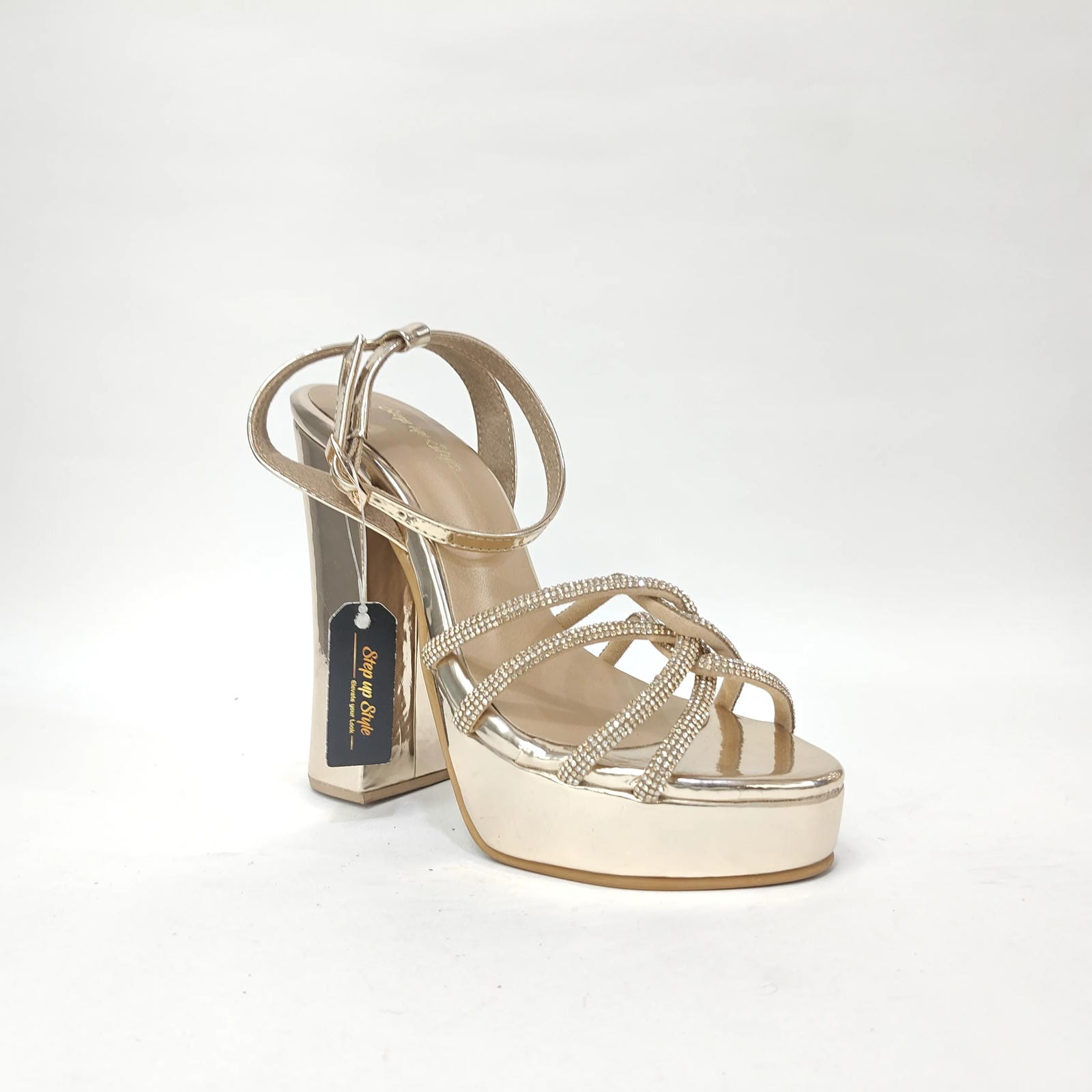 StepUpStyle Women’s Long Block Heel with 4 Cross Straps – Black & Golden